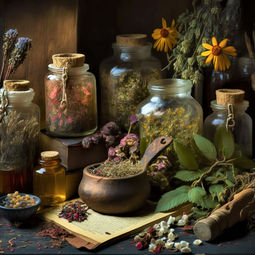 A rustic scene of herbal apothecary items: glass jars filled with dried herbs, a wooden bowl with herbal mix, a honey jar, various dried flowers, and fresh leaves scattered on a wooden surface, creating an old-world, naturalist ambiance.