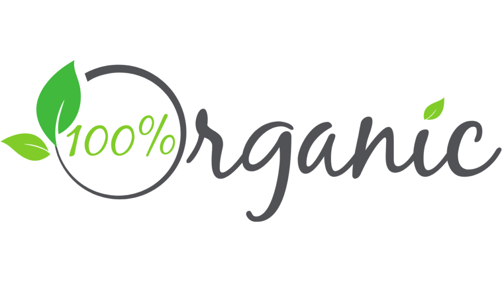 Text reading "100% Organic" with "100%" inside a round partial green leaf border and "Organic" in cursive font. There are two green leaves attached to the "O" in "Organic" and one green leaf above the "i." The overall design is minimalistic with a white background, emphasizing its non-GMO nature.