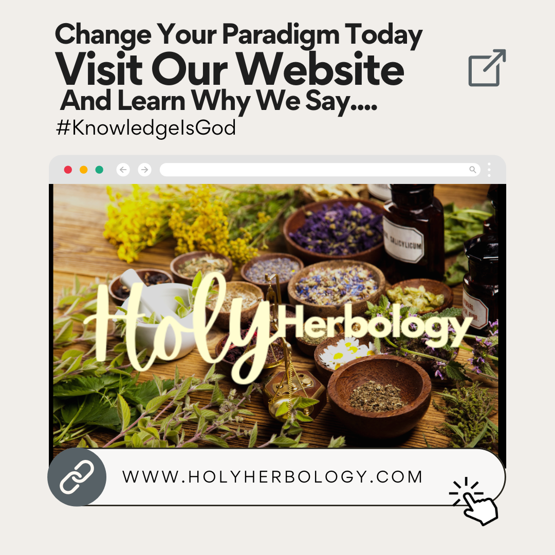 A promotional graphic features a computer screen displaying a website titled "Holy Herbology" with various natural herbs and plants in the background. The image includes the text, "Change Your Paradigm Today Visit Our Website And Learn Why We Say... #KnowledgeIsGod" and a website URL www.holyherbology.com, inspired by Bob Proctor.