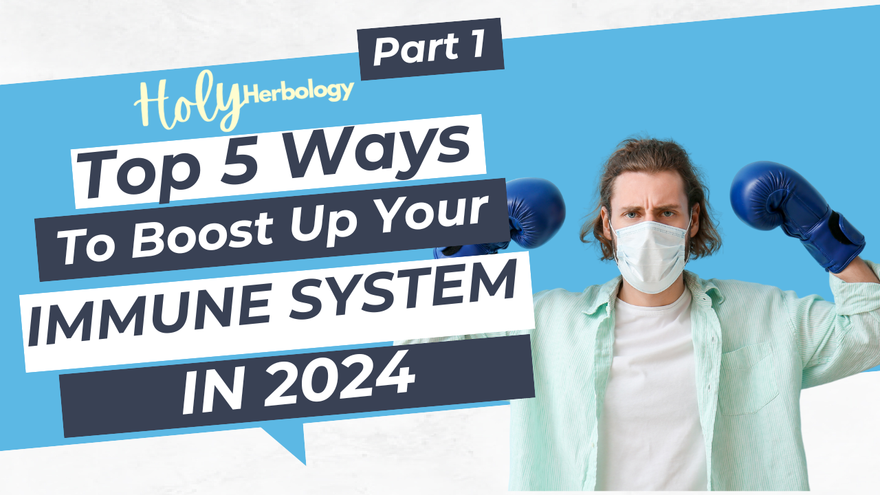 A person wearing a light blue shirt, white t-shirt, and medical mask is posing with blue boxing gloves raised, suggesting readiness. Text on the image reads "Holy Herbology Part 1: Top 5 Ways To Boost Up Your Immune System In 2024" on various overlapping blue and white background shapes.