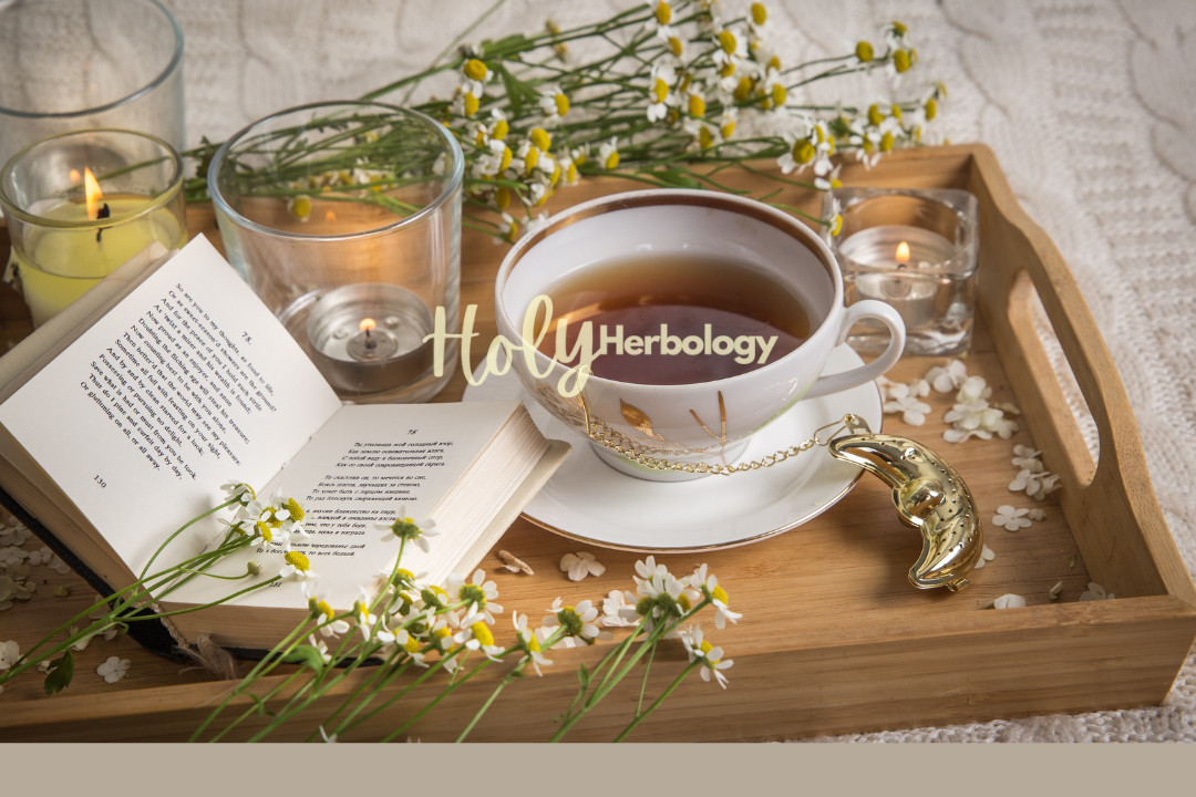 A cozy setup on a wooden tray includes a cup of chamomile tea, an open book, a few lit candles, and small white flowers scattered around. A tea infuser designed like a crescent moon rests on the cup. The background features a soft knit blanket, and the words "Holy Herbology" appear overlaid on the image, embodying pure relaxation.