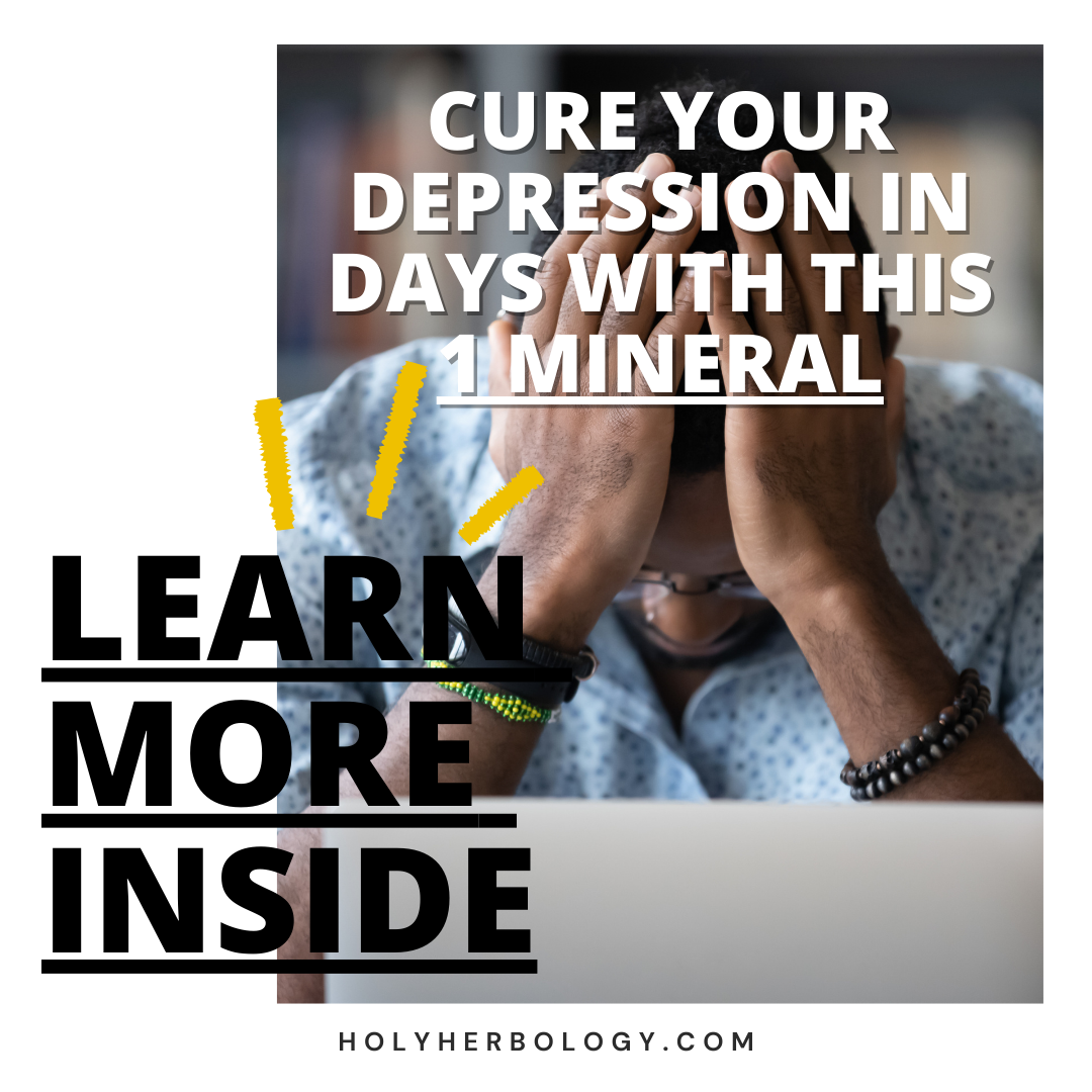 A person wearing a patterned shirt sits at a desk holding their head in their hands, looking down. Text above them reads, "Cure your depression in days with this 1 magnesium mineral." Below, bold text states, "Learn more inside." The website "holyherbology.com" is at the bottom of the image.