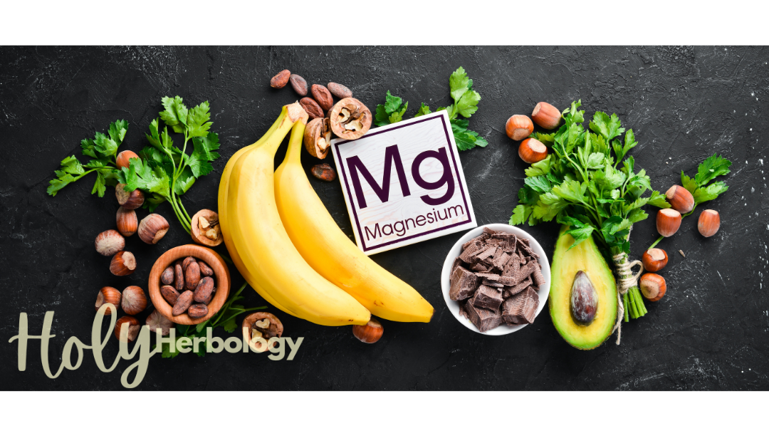 Image features various magnesium-rich foods: bananas, dark chocolate, avocado, nuts, and leafy greens, arranged on a dark slate surface. A white card with the magnesium (Mg) symbol is central. The branding "Holy Herbology" appears in the bottom left corner in light script over the dark background.