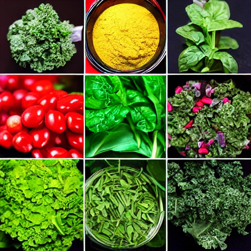 Collage of nine images displaying various herbs and vegetables like kale, basil, tomatoes, and spices.