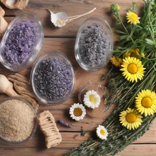 Various healing herbs and flowers with dried lavender in jars on a wooden table.