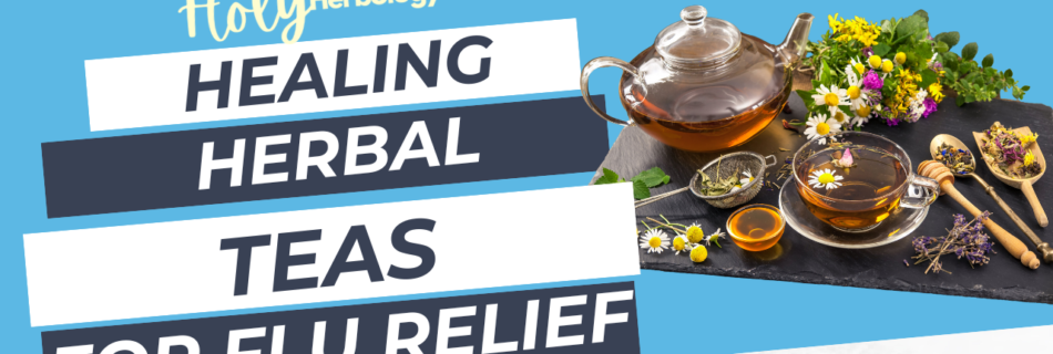 Promotional image for HolyHerbology's "Healing Herbal Teas for Flu Relief, Part 2." It features a clear teapot and teacup filled with herbal tea, surrounded by herbs and flowers on a black slate. Text appears prominently, emphasizing the topic of flu relief through herbal teas.