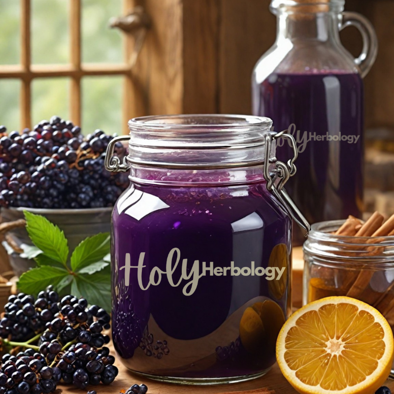 a jar of elderberry with Holy Herbology written on the front side of the jar. Surrounded by elderberry , cinnamon sticks and orange slices