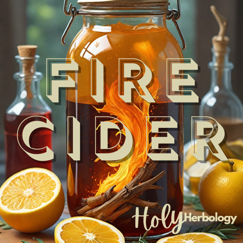  jar of fire cider with a fiery swirl design on the label is surrounded by halved oranges, cinnamon sticks, and herbs. The text "FIRE CIDER" and "Holy Herbology" appears over the image. This natural cold remedy stands amidst blurred bottles and greenery, showcasing its potential for DIY flu prevention.