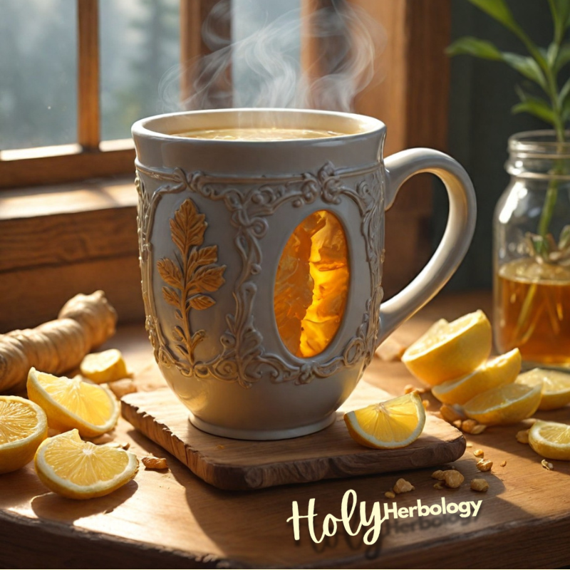 A steaming mug with ornate leaf designs sits on a coaster by a sunlit window. Surrounding it are sliced lemons, ginger root, and a jar of honey. Sunlight filters through, casting warm highlights on the cold and flu season tea scene, evoking a cozy and herbal atmosphere.