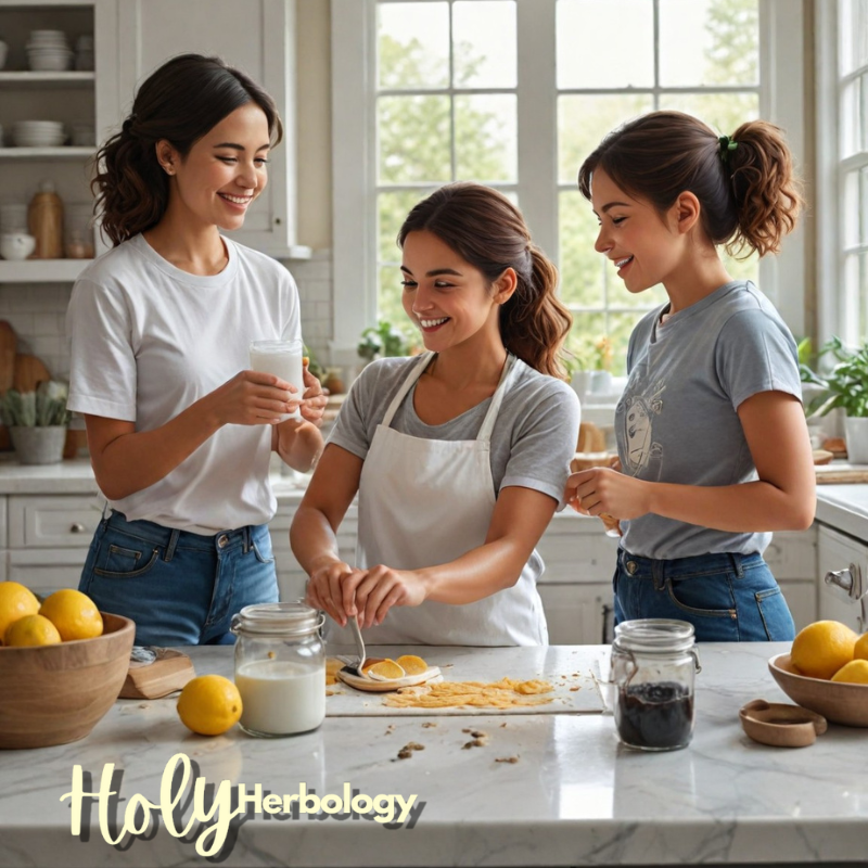 Family of three make house hold cleaning products in the kitchen using natural, toxin free ingrediencies.