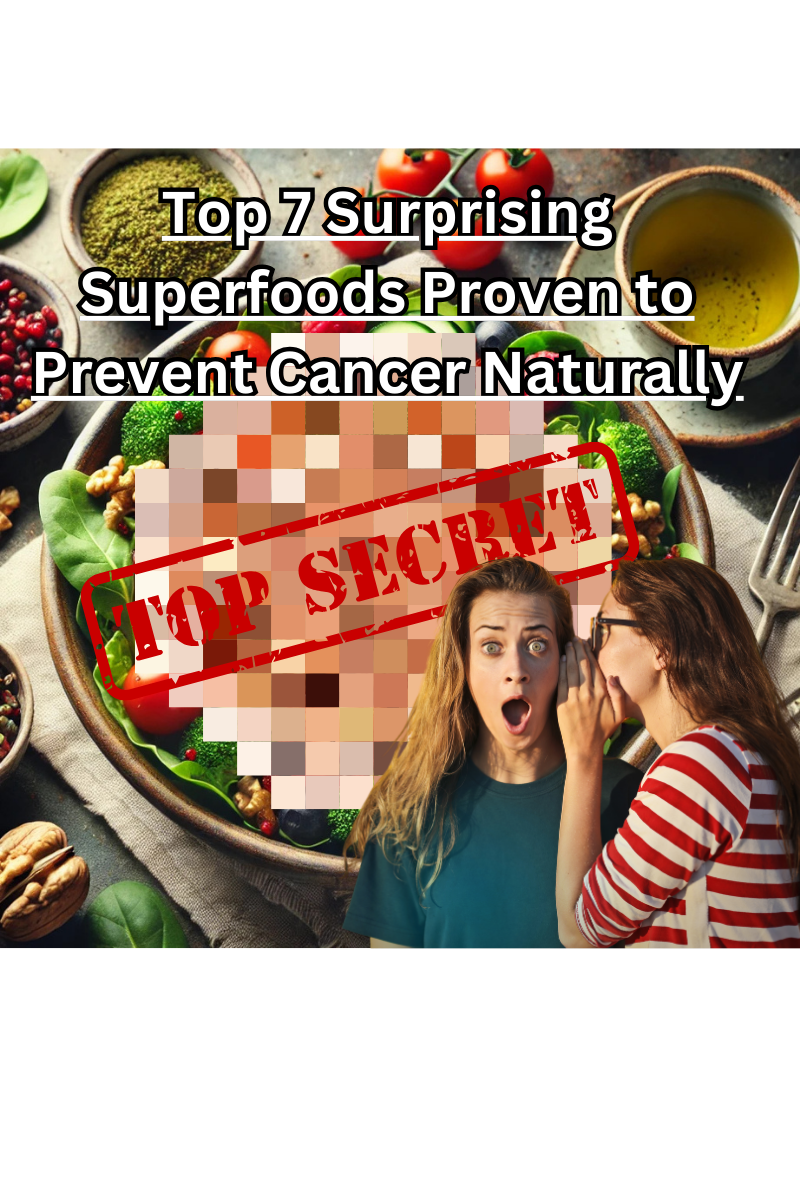 A colorful table display of vegetables and nuts labeled "Top Secret" hints at superfood secrets. Two women on the right, one whispering to the surprised other, in front of a text overlay about how to naturally prevent cancer with superfoods.