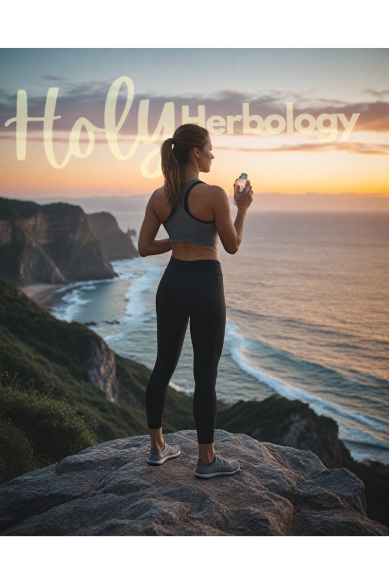 Individual standing on a cliff at sunrise with a water bottle and yoga mat, symbolizing commitment to a balanced lifestyle and optimal health.