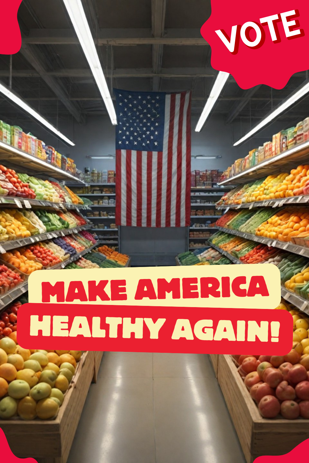 grocery store displaying organic fruit, non gmo, with an america flag centered. The word Make America Health Again